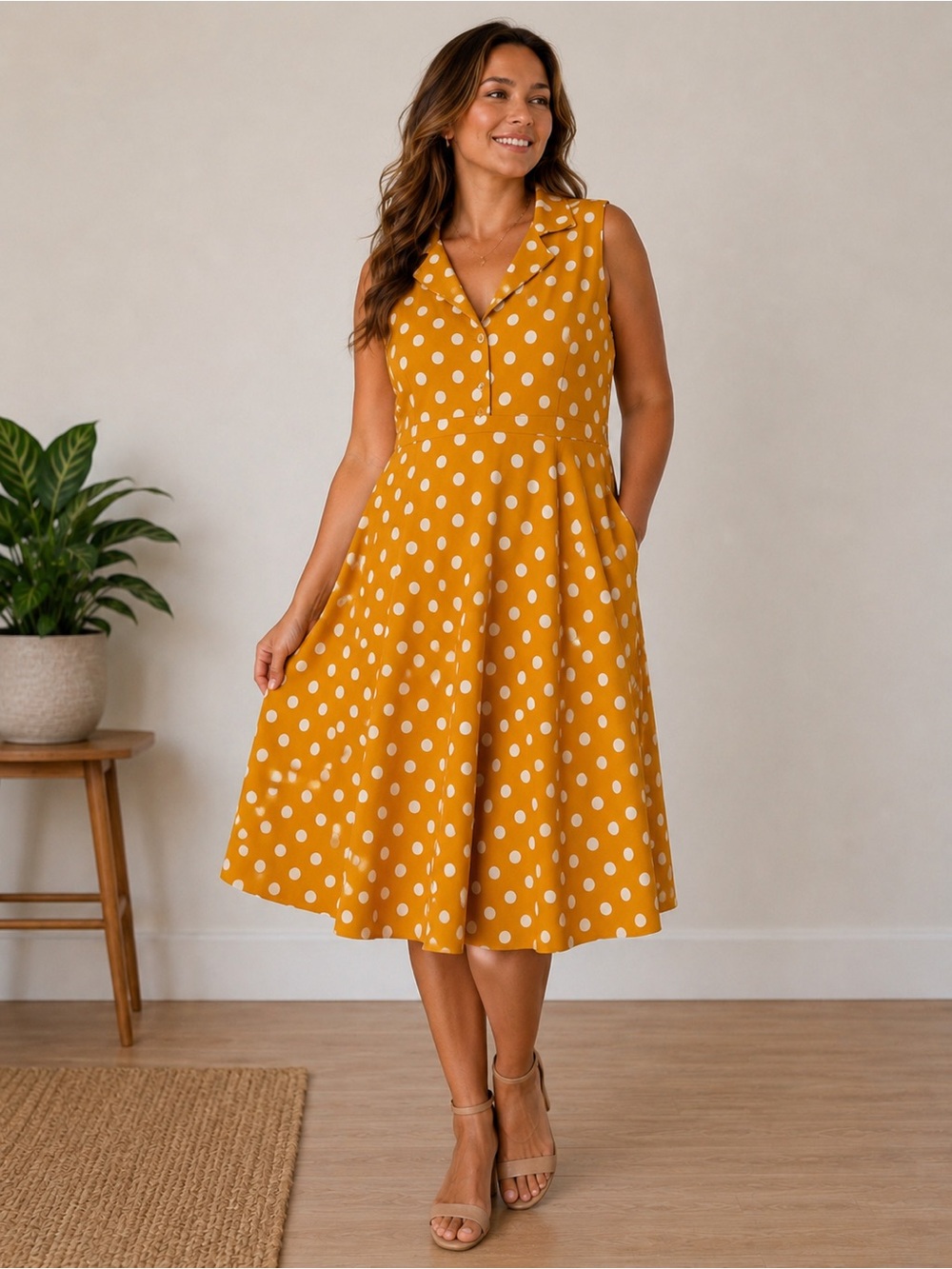 Mustard Yellow Polka Dot Fit & Flare Dress XL Retro Vintage Inspired Midi